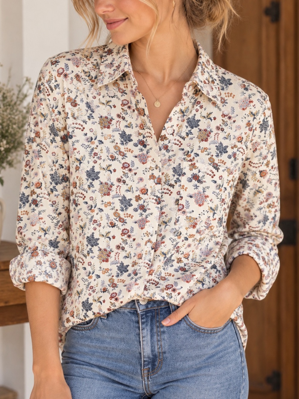 Cottagecore Floral Cotton Button Down Shirt Size M Womens